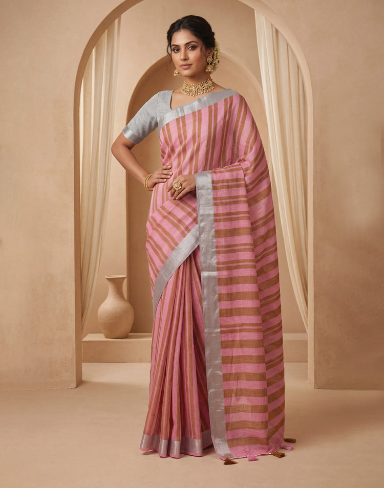 Light Pink Linen Printed Zari Border Saree