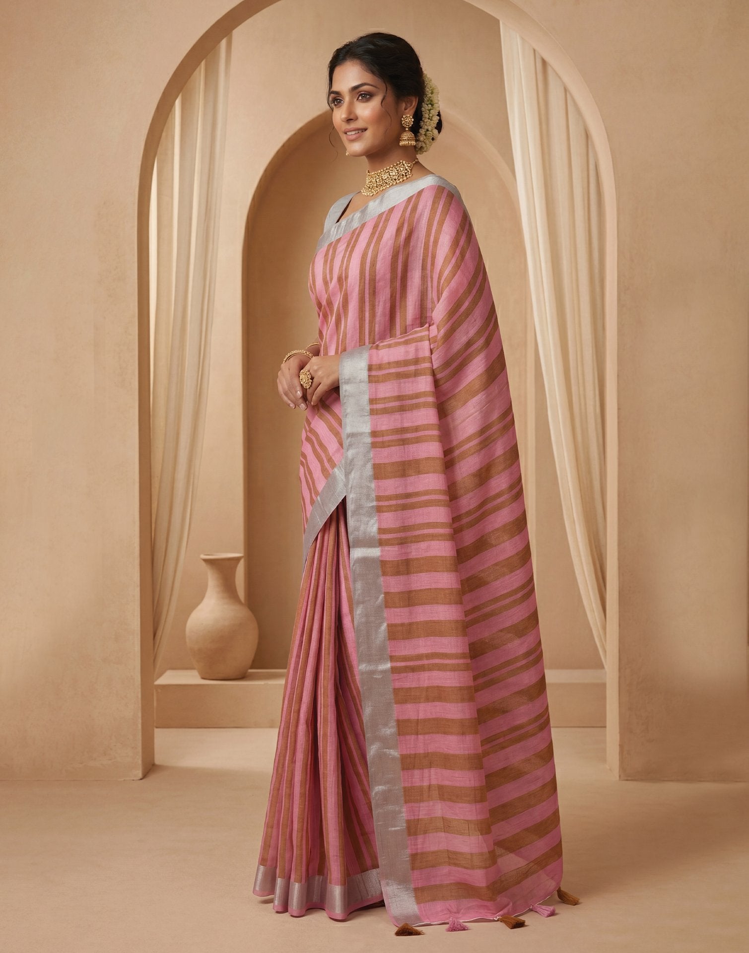 Light Pink Linen Printed Zari Border Saree