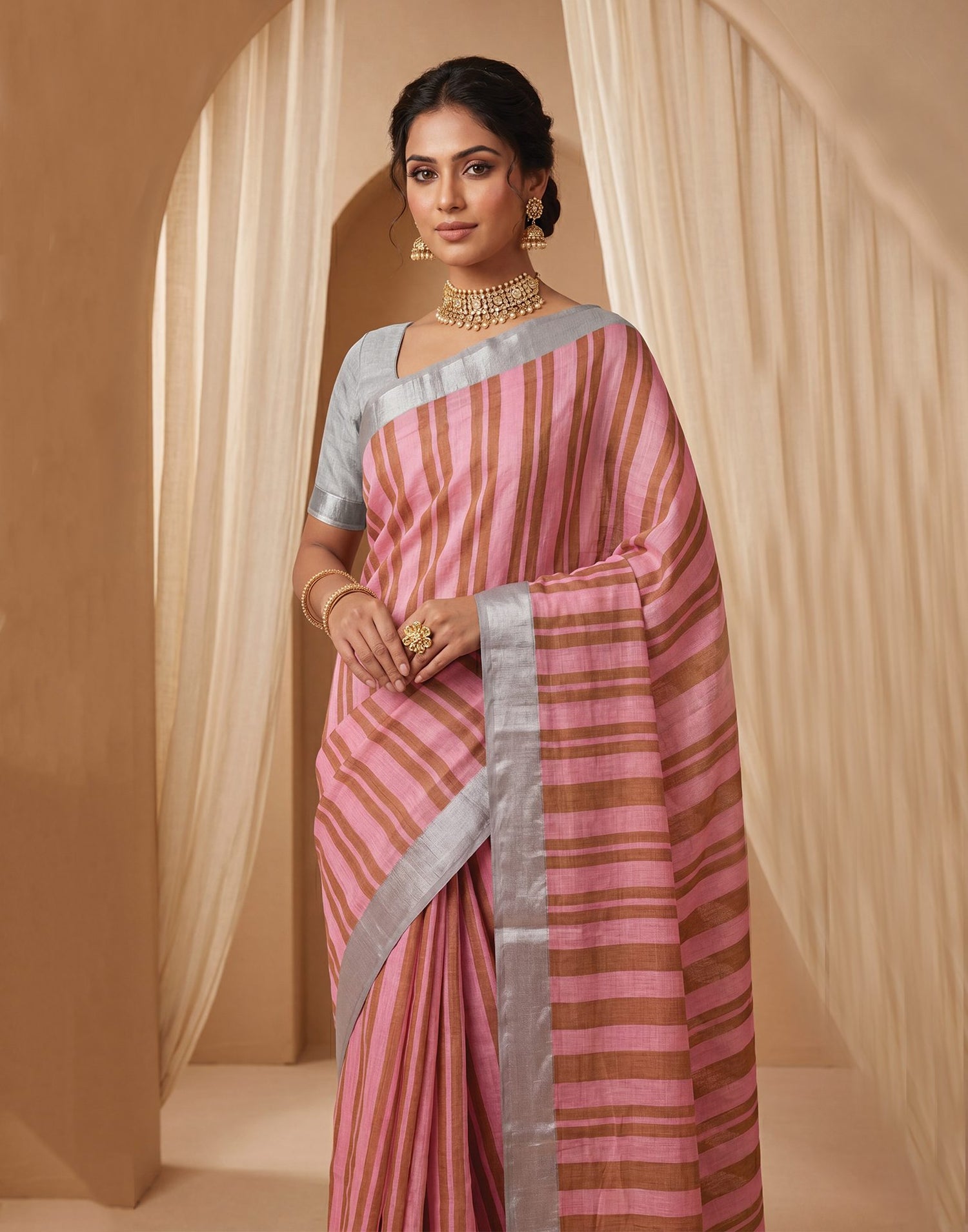 Light Pink Linen Printed Zari Border Saree
