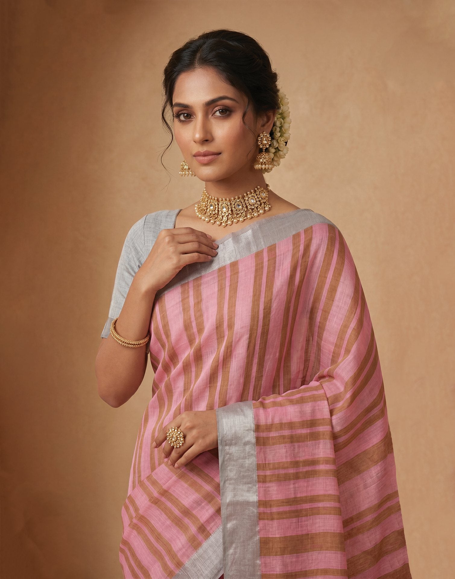 Light Pink Linen Printed Zari Border Saree