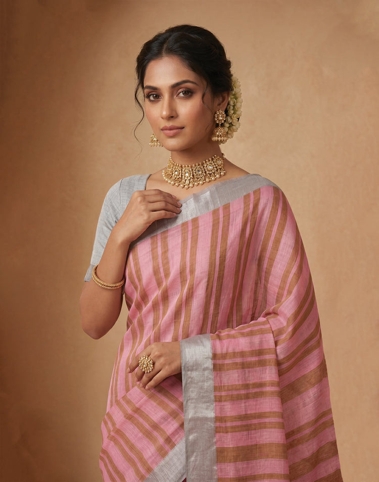 Light Pink Linen Printed Zari Border Saree