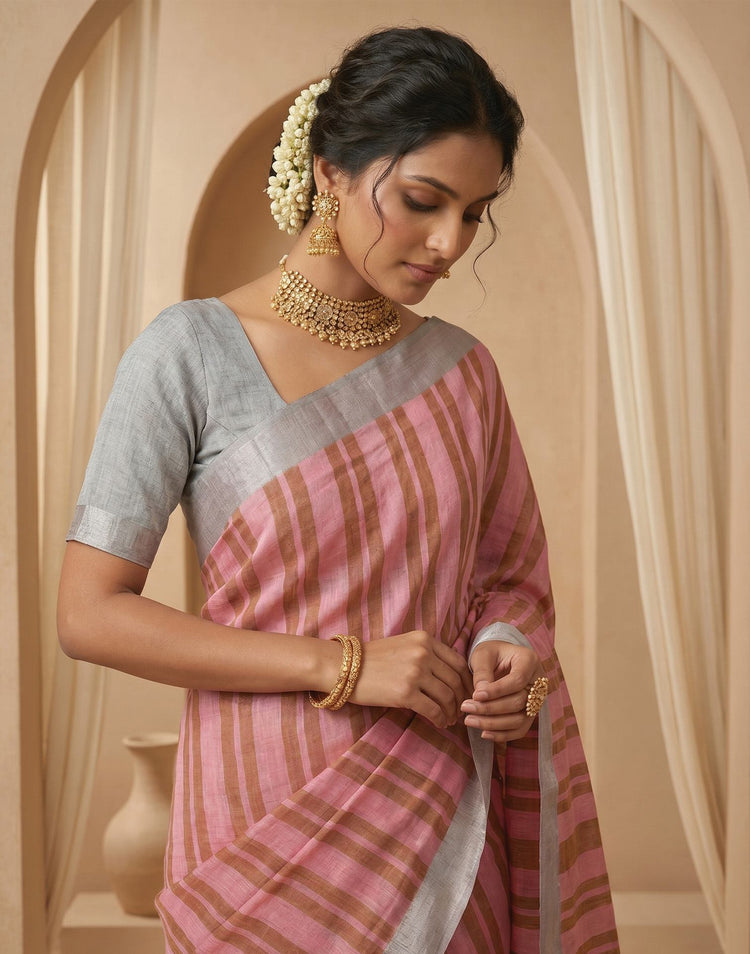 Light Pink Linen Printed Zari Border Saree