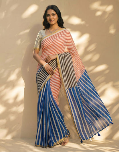 Blue Linen Printed Zari Border Saree