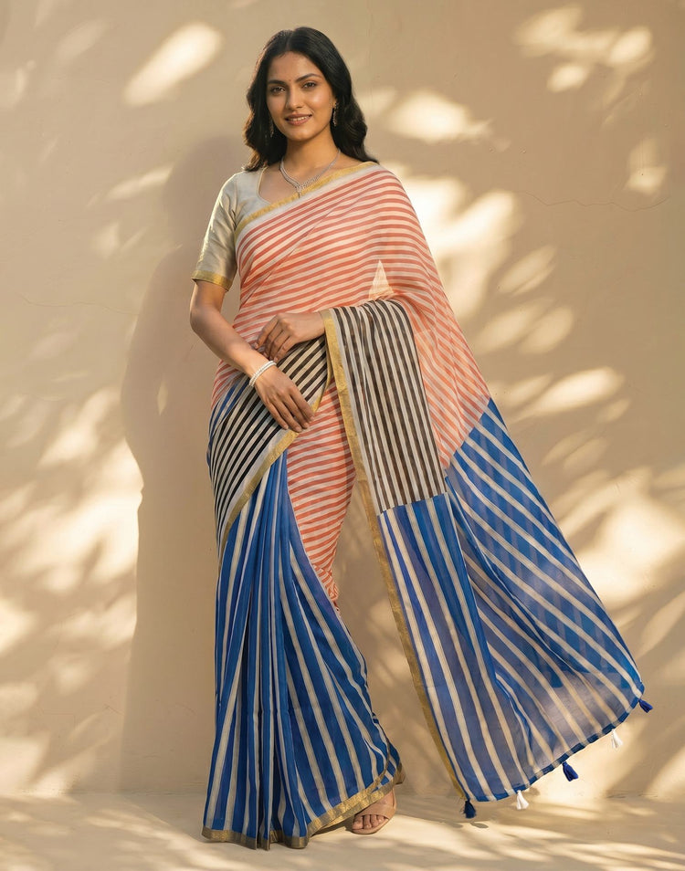 Blue Linen Printed Zari Border Saree