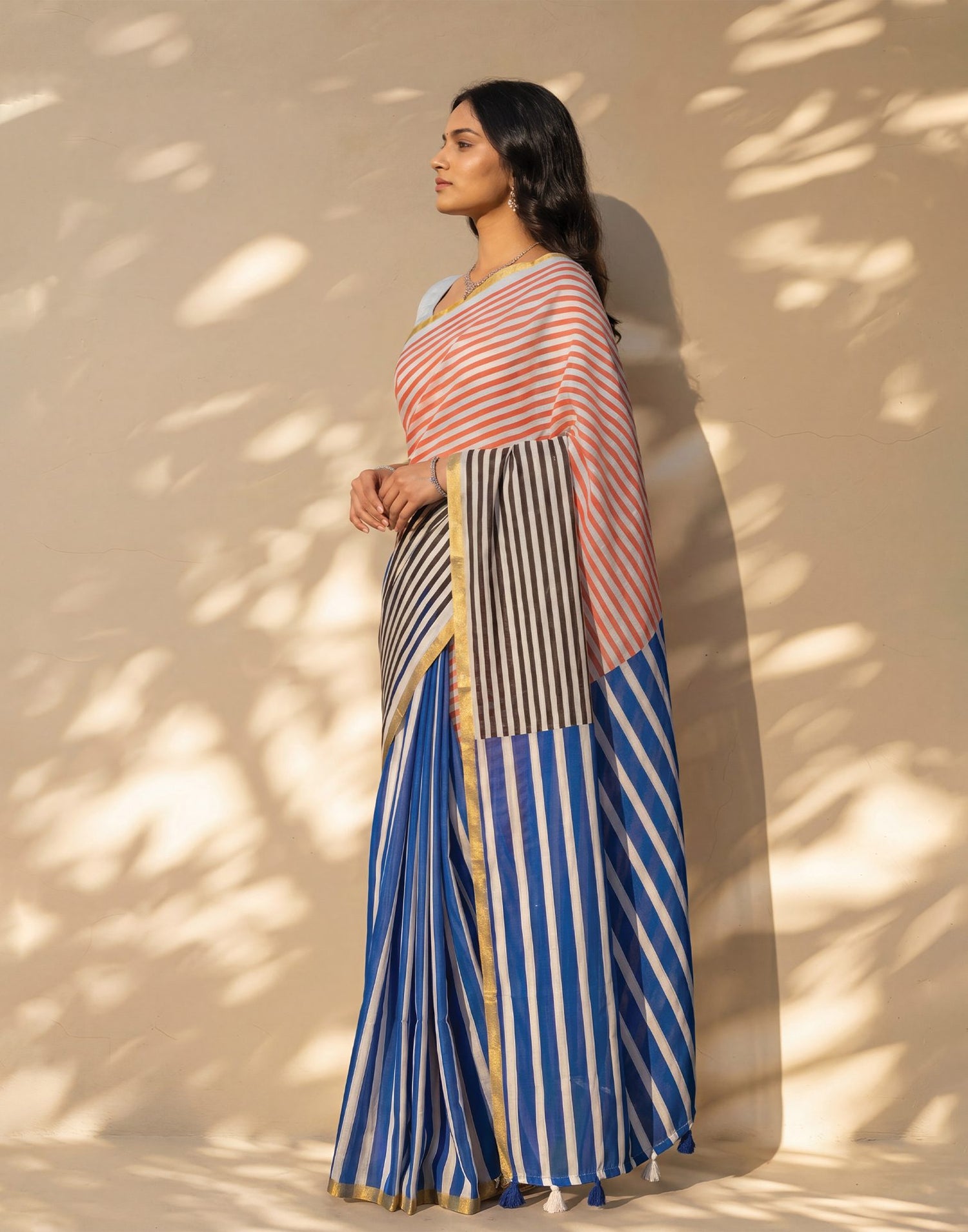 Blue Linen Printed Zari Border Saree