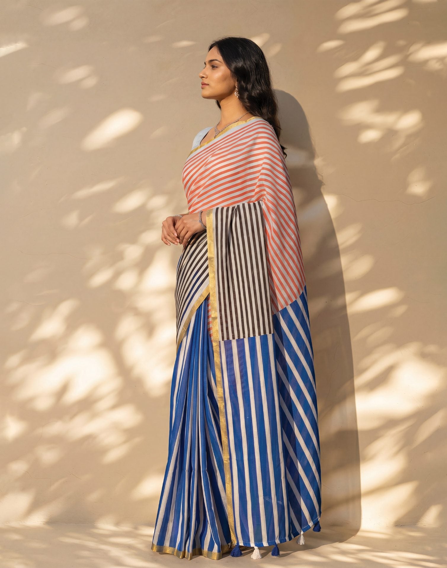 Blue Linen Printed Zari Border Saree