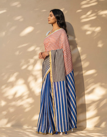 Blue Linen Printed Zari Border Saree