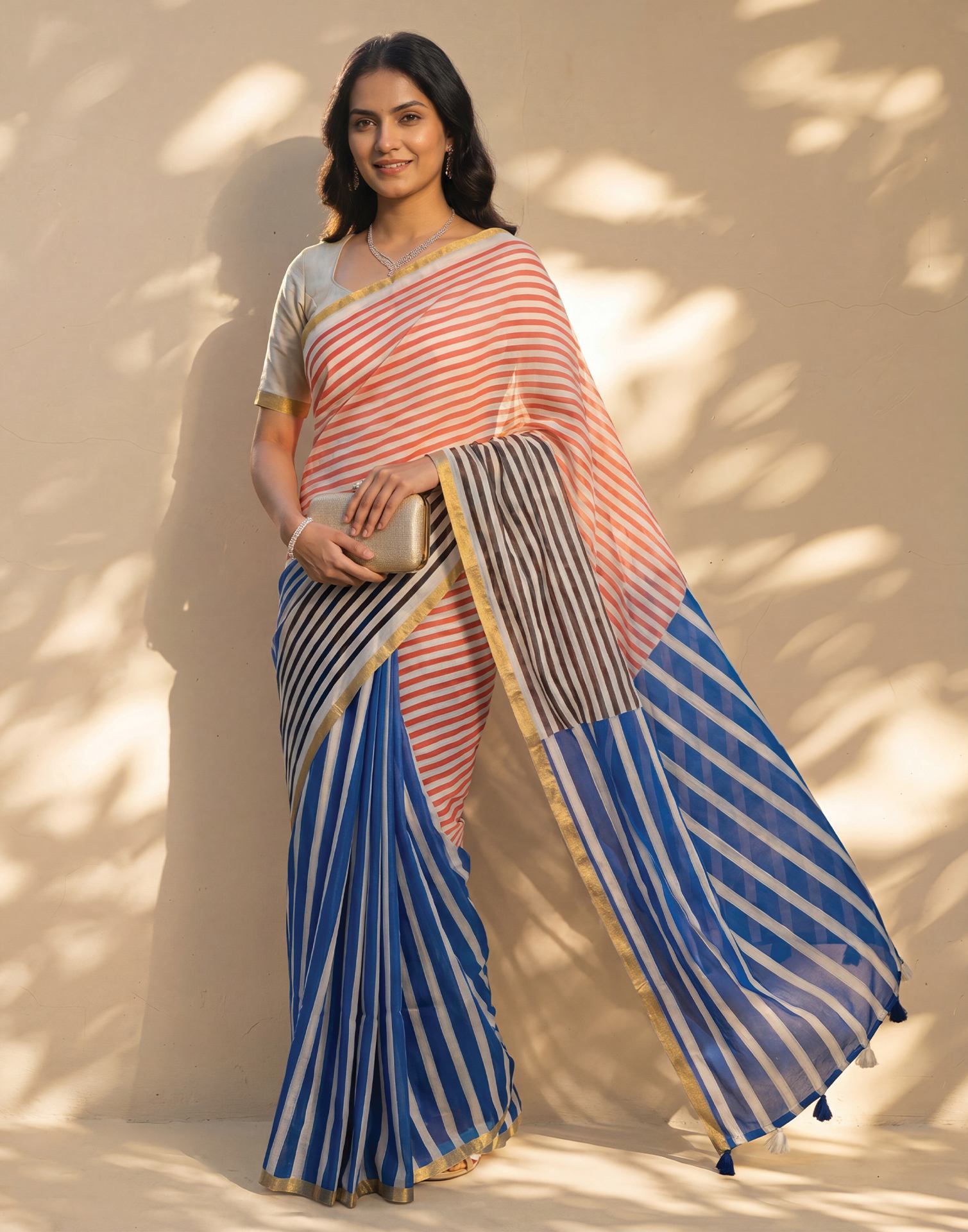 Blue Linen Printed Zari Border Saree