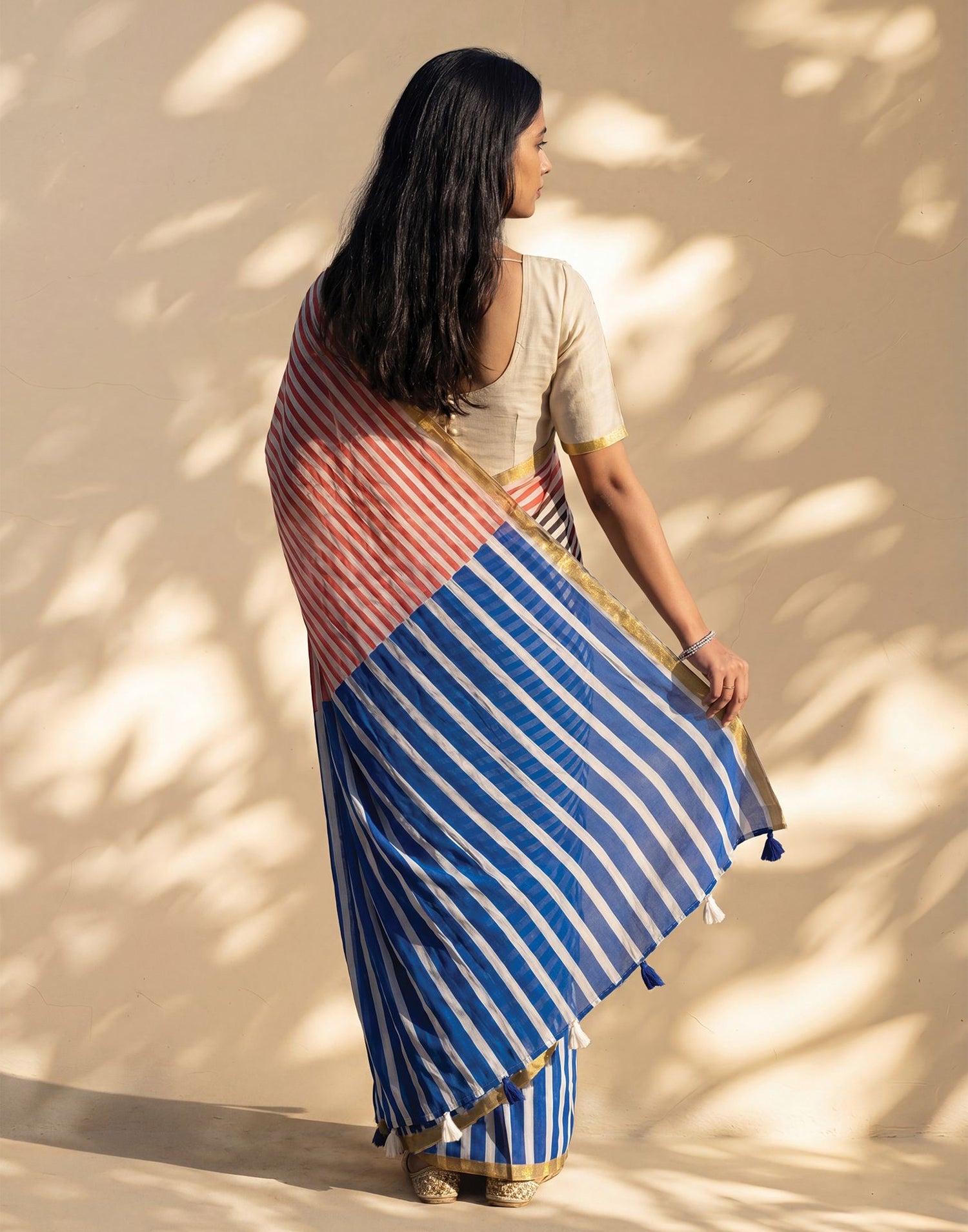 Blue Linen Printed Zari Border Saree