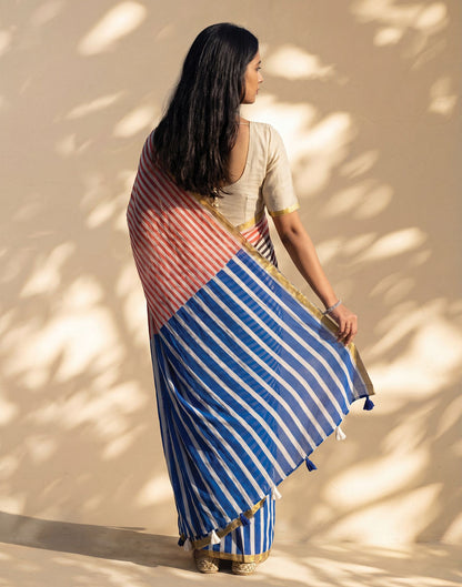 Blue Linen Printed Zari Border Saree