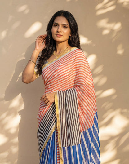 Blue Linen Printed Zari Border Saree