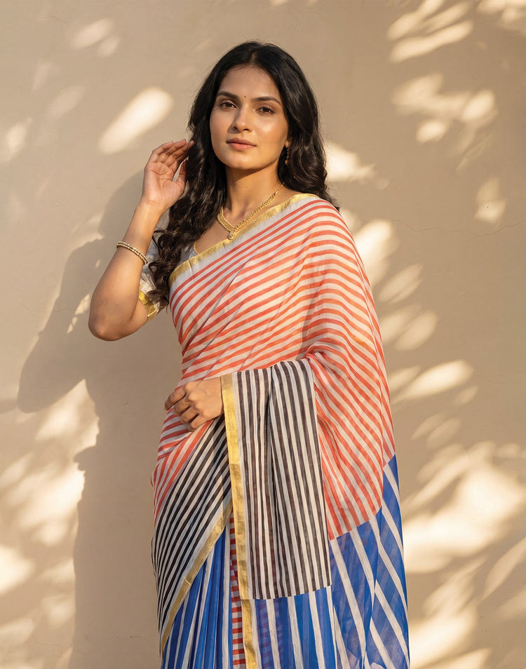 Blue Linen Printed Zari Border Saree
