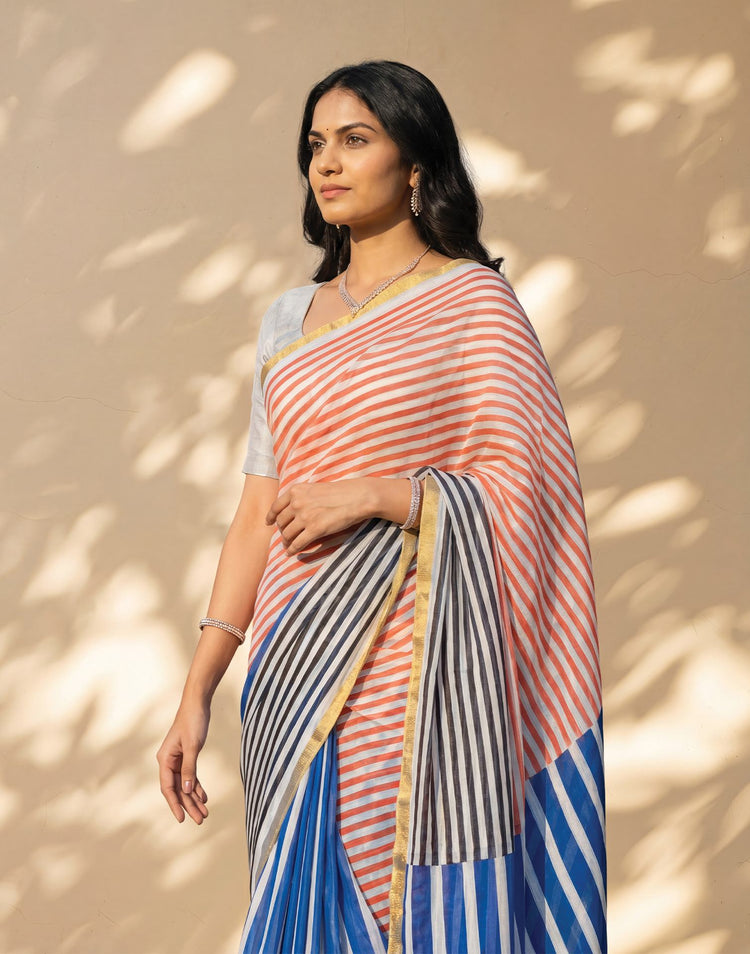 Blue Linen Printed Zari Border Saree