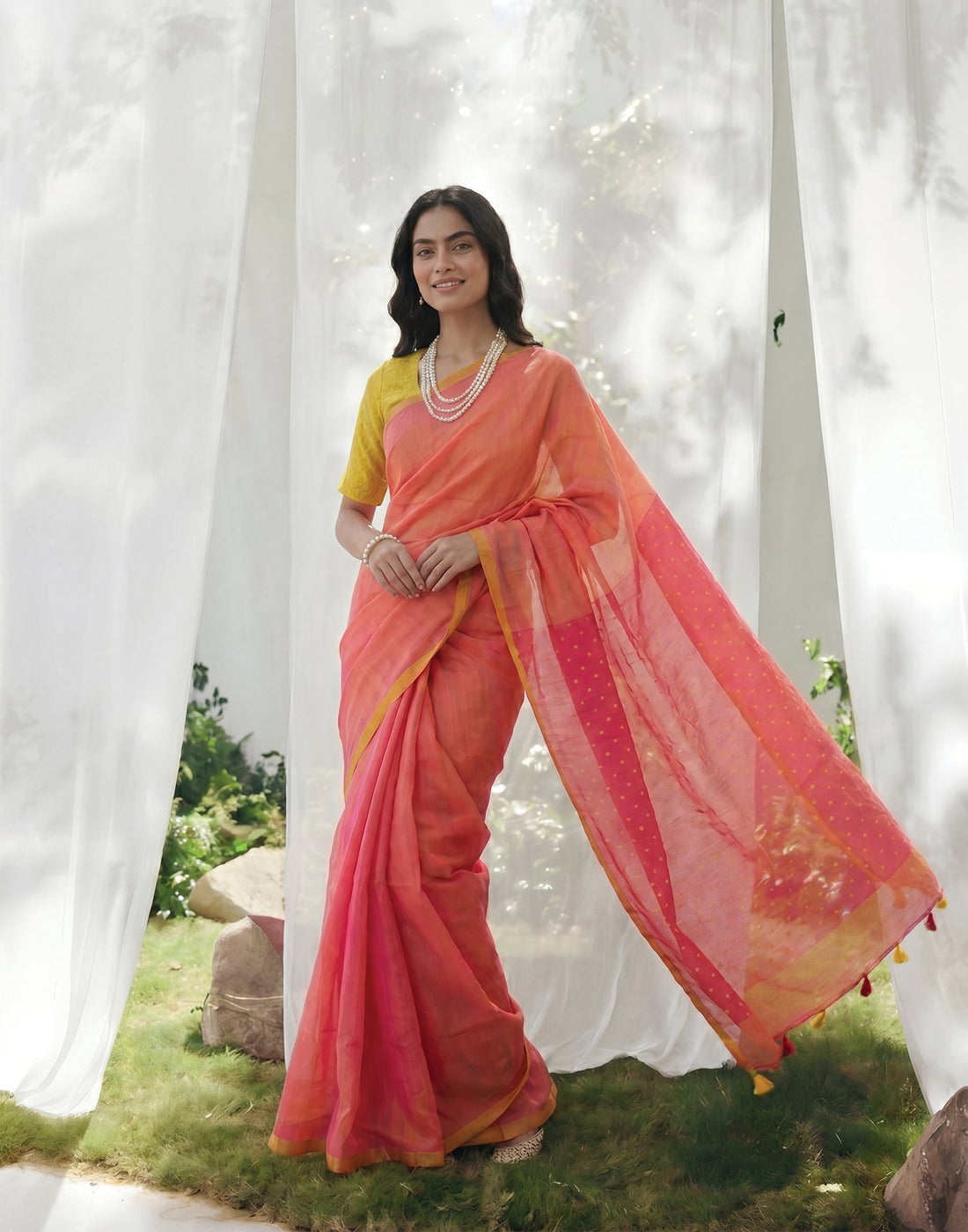 Coral Peach Linen Printed Zari Border Saree