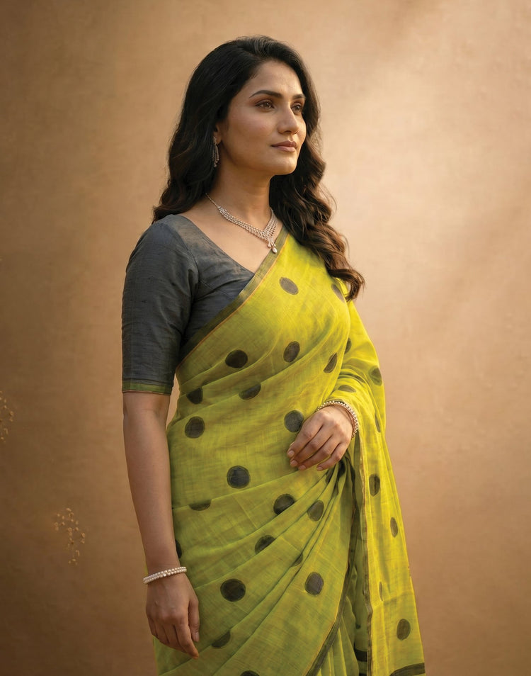 Parrot Green Linen Printed Zari Border Saree