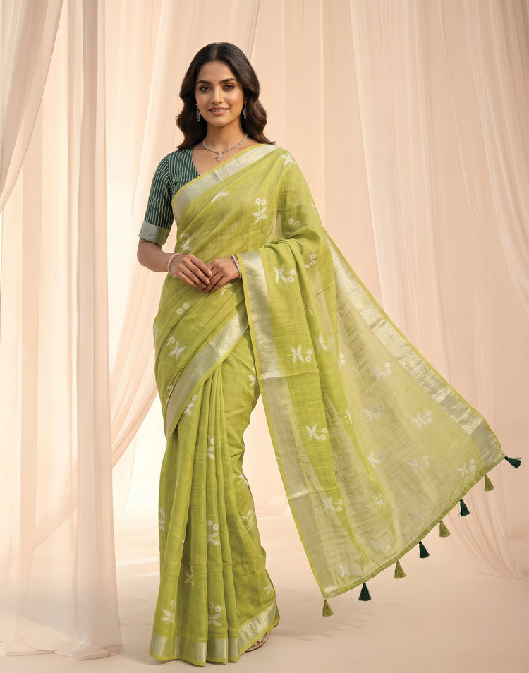 Light Green Linen Printed Zari Border Saree