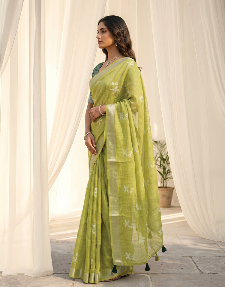 Light Green Linen Printed Zari Border Saree