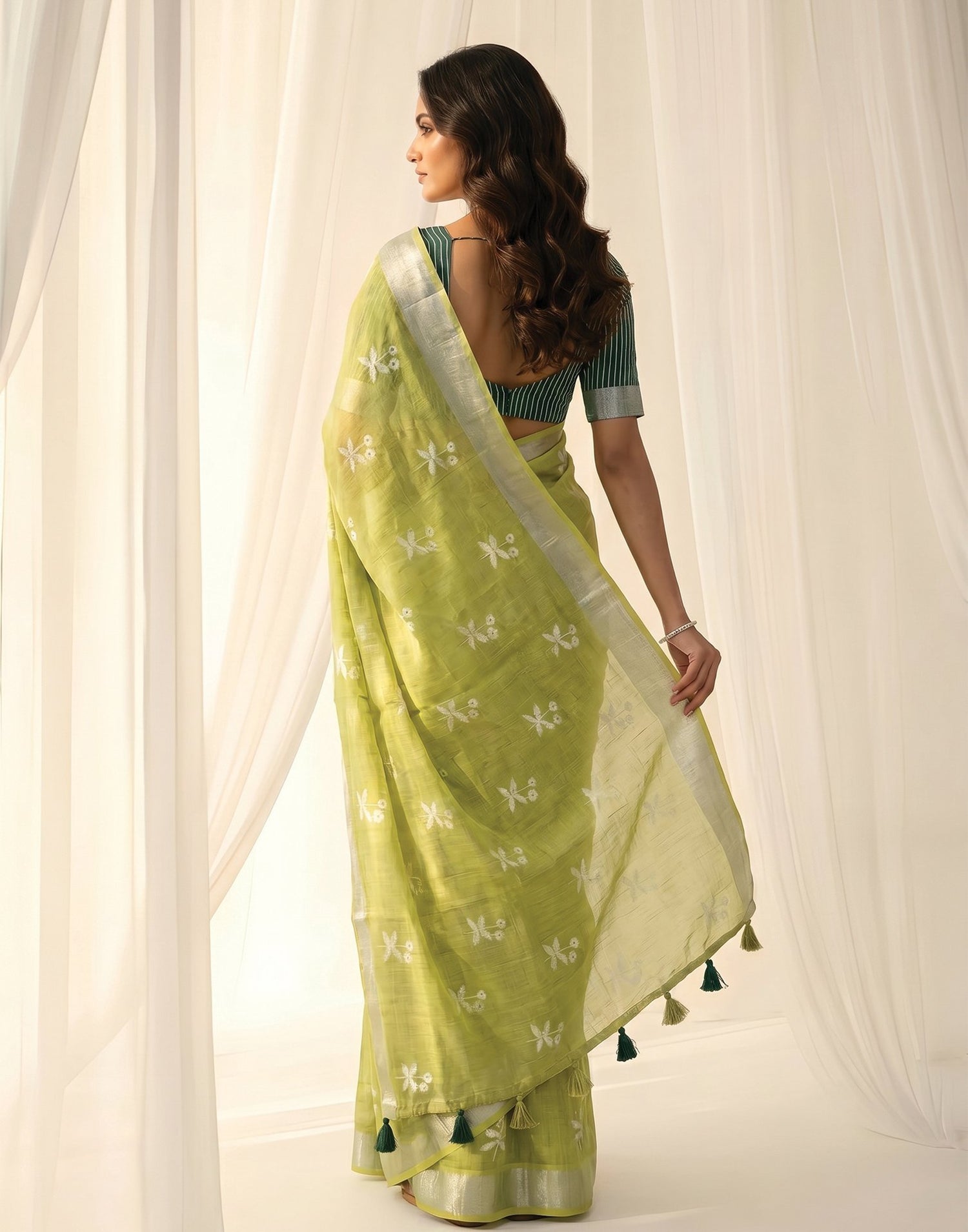 Light Green Linen Printed Zari Border Saree
