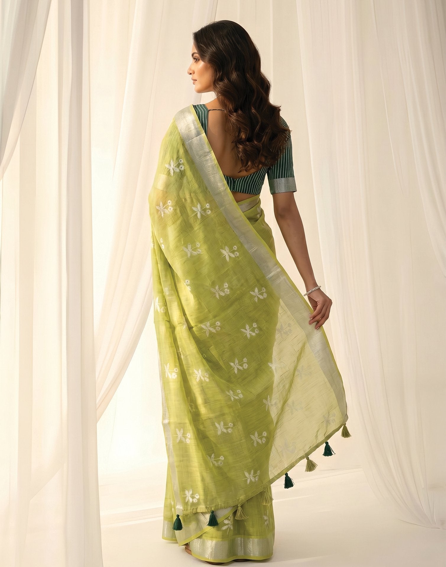 Light Green Linen Printed Zari Border Saree