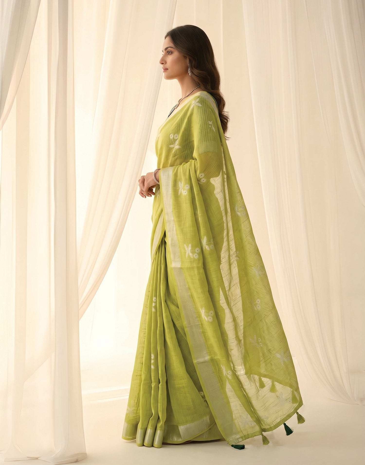 Light Green Linen Printed Zari Border Saree