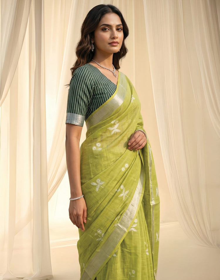 Light Green Linen Printed Zari Border Saree