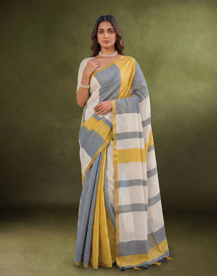 Dusty Light Blue Linen Printed Zari Border Saree