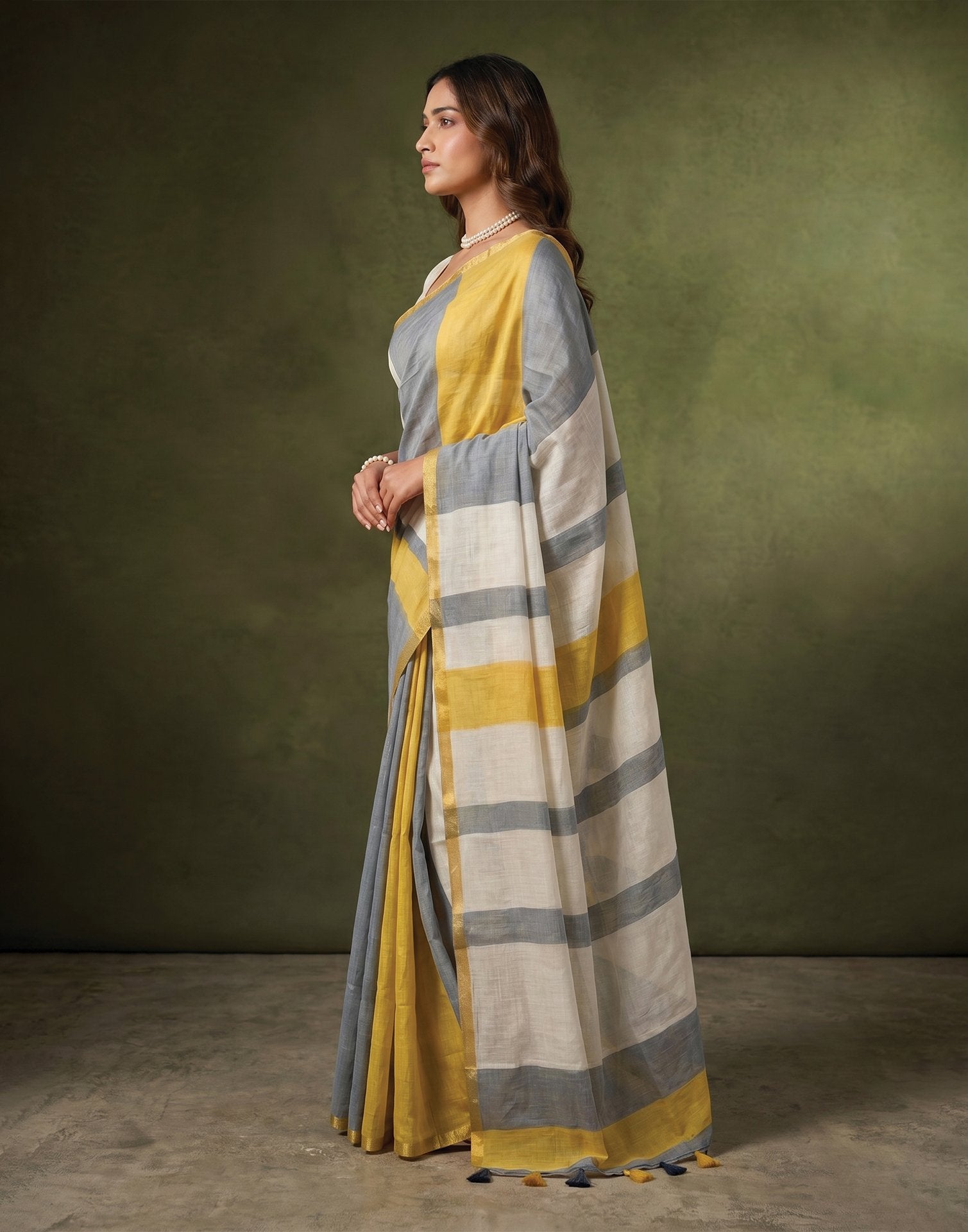 Dusty Light Blue Linen Printed Zari Border Saree