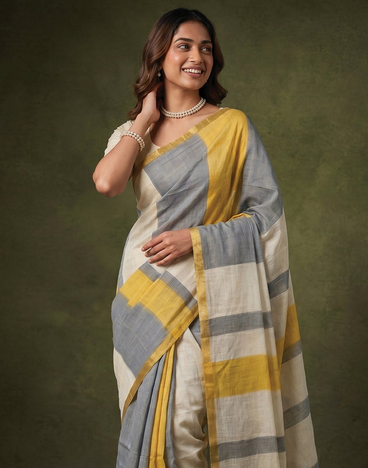Dusty Light Blue Linen Printed Zari Border Saree