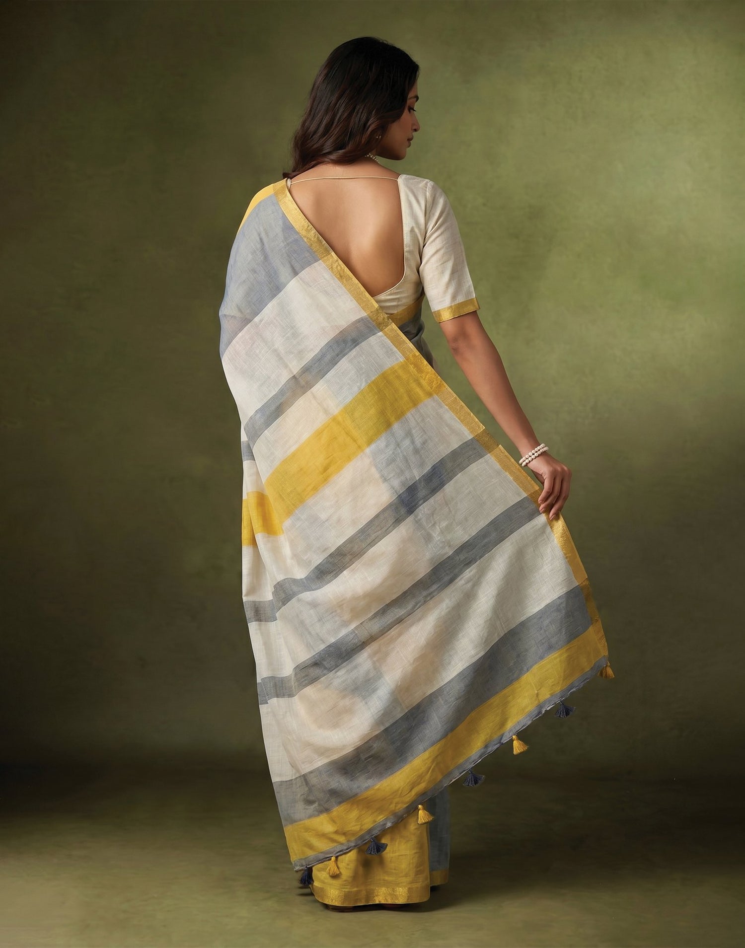 Dusty Light Blue Linen Printed Zari Border Saree