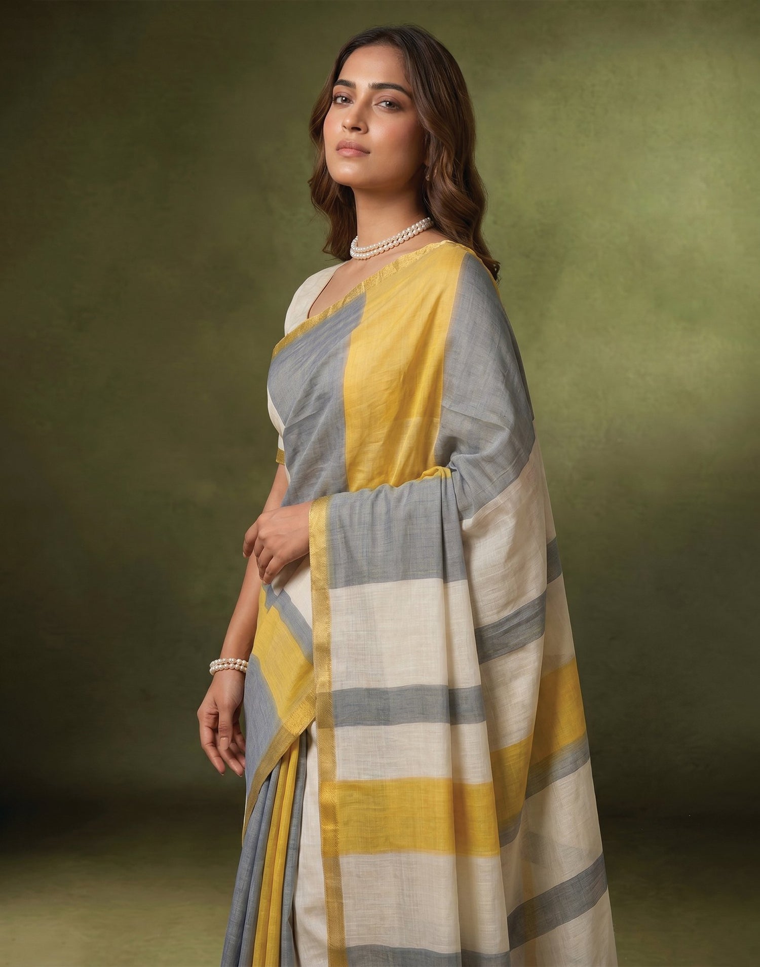 Dusty Light Blue Linen Printed Zari Border Saree
