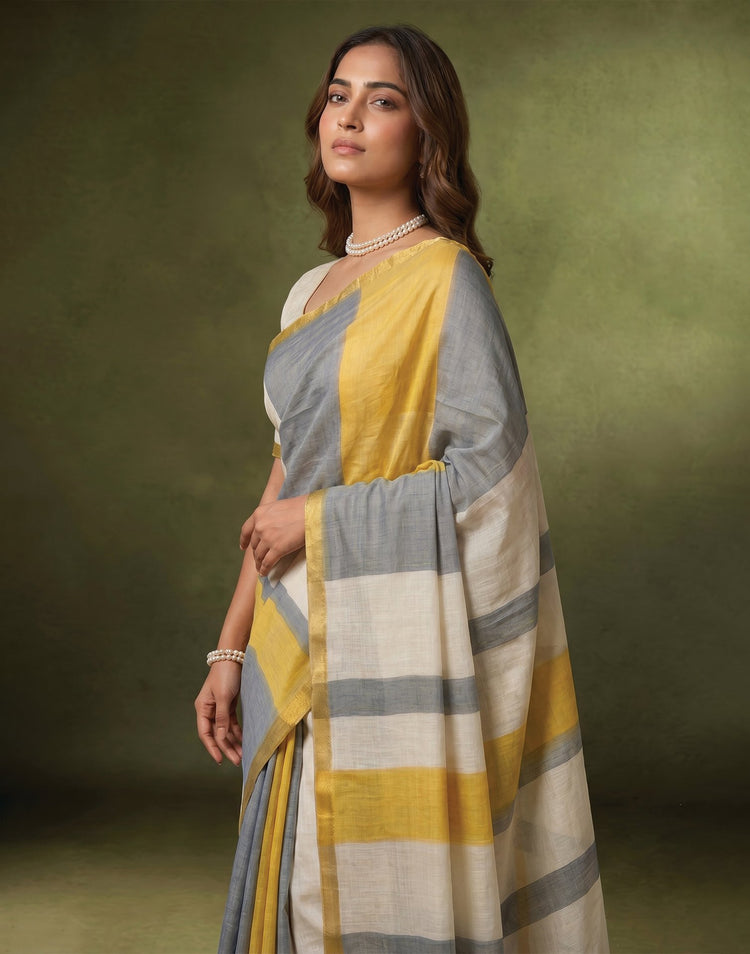 Dusty Light Blue Linen Printed Zari Border Saree
