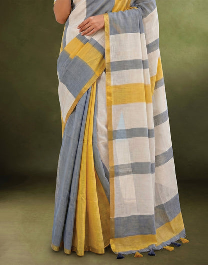Dusty Light Blue Linen Printed Zari Border Saree