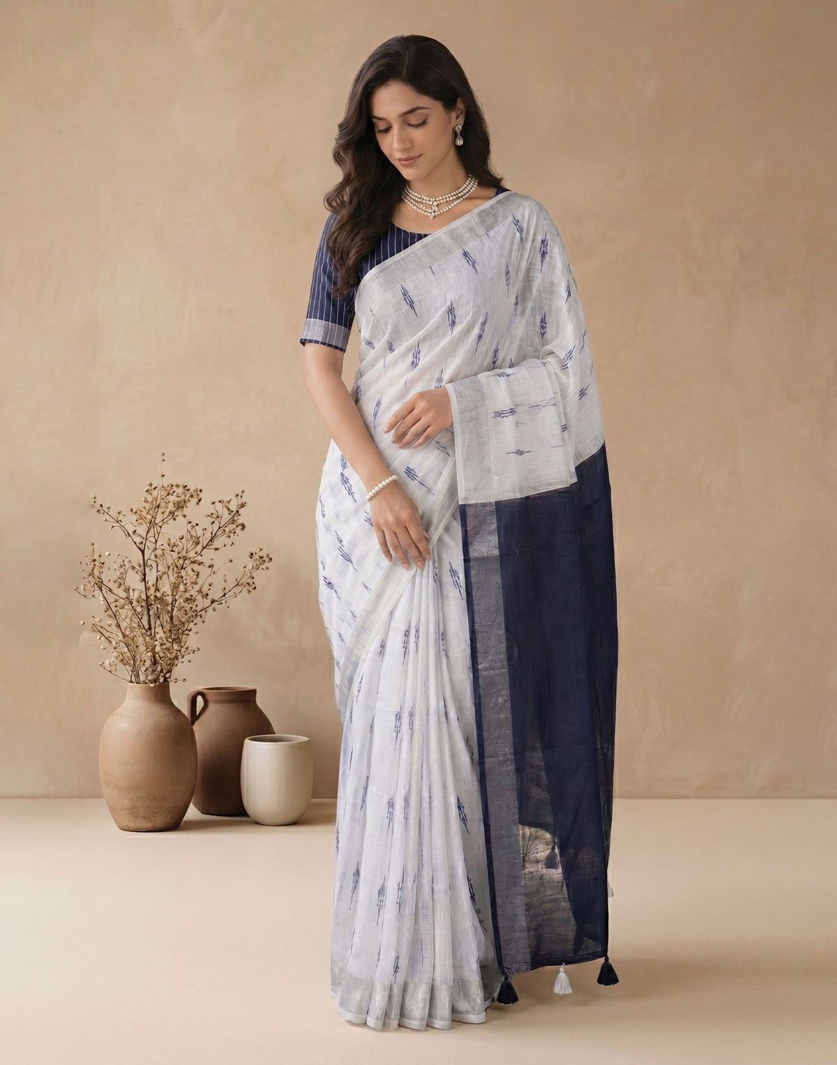 White Linen Printed Zari Border Saree