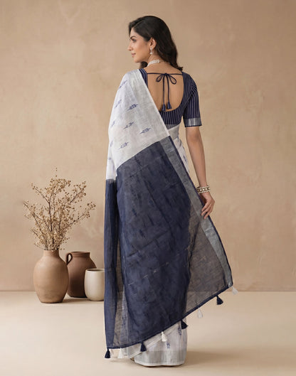 White Linen Printed Zari Border Saree