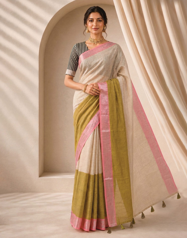Beige Linen Printed Zari Border Saree