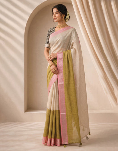 Beige Linen Printed Zari Border Saree