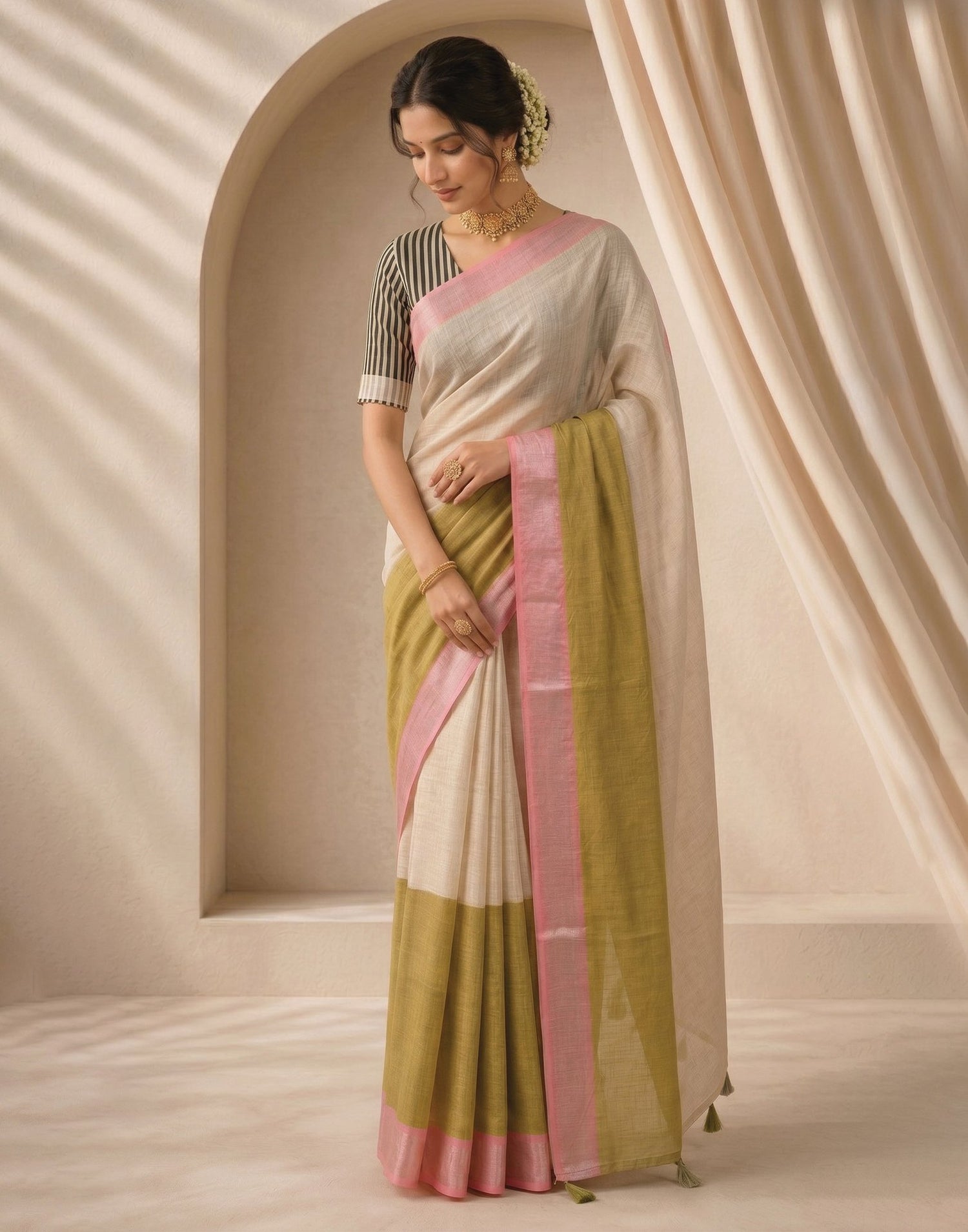 Beige Linen Printed Zari Border Saree