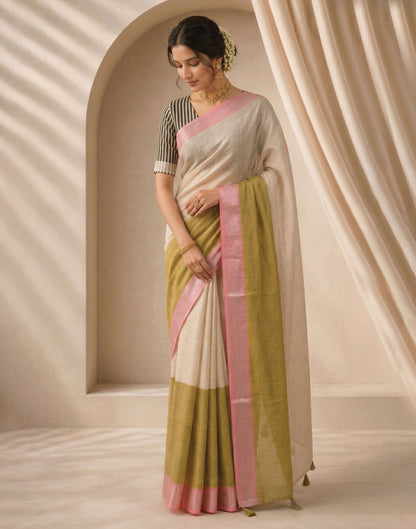 Beige Linen Printed Zari Border Saree
