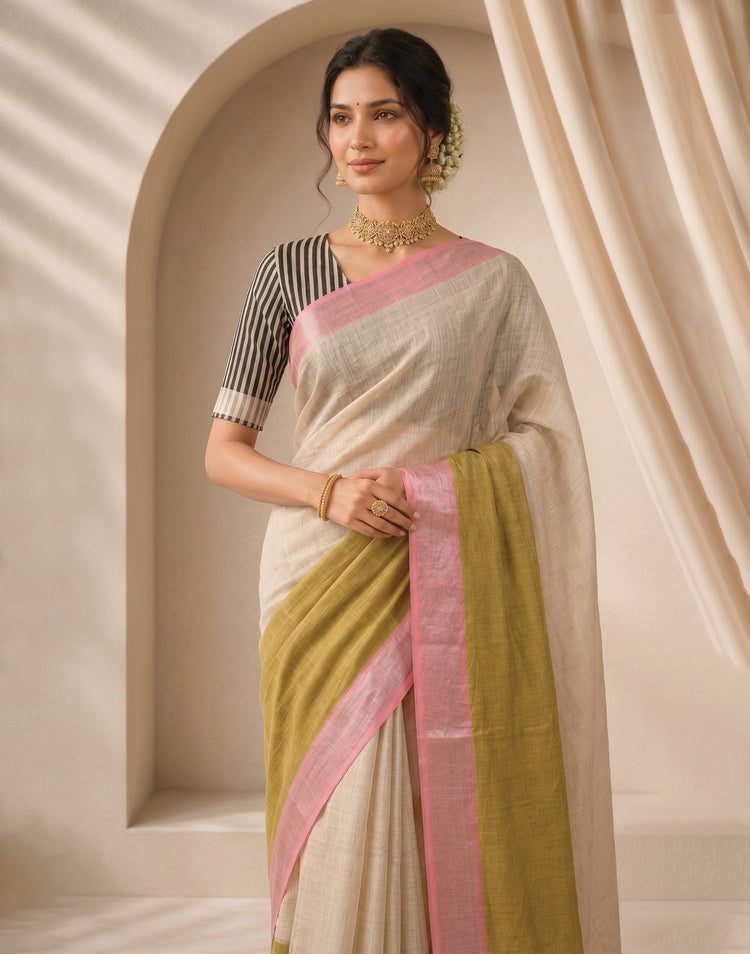 Beige Linen Printed Zari Border Saree
