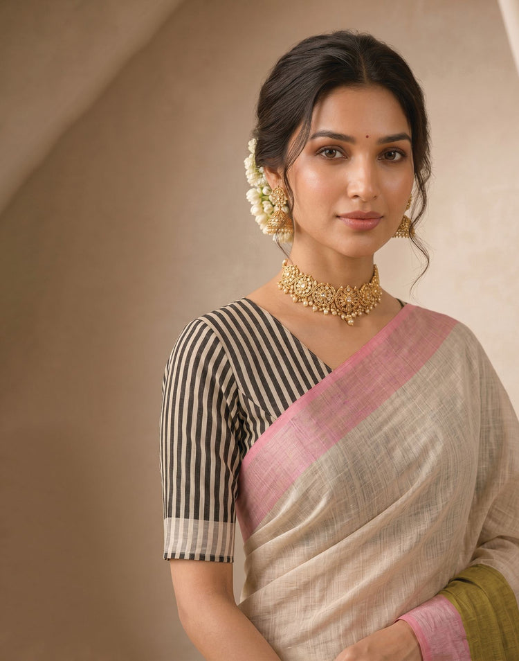 Beige Linen Printed Zari Border Saree
