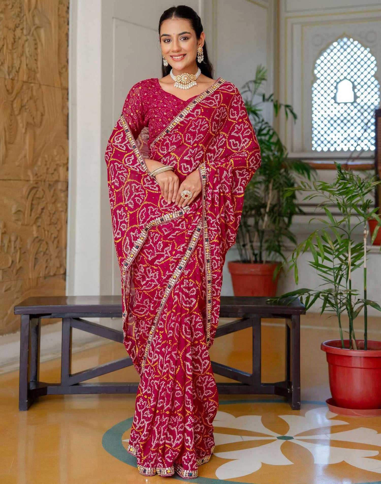 Pink Chiffon Bandhani Printed Lace Saree