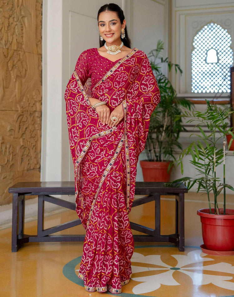 Pink Chiffon Bandhani Printed Lace Saree