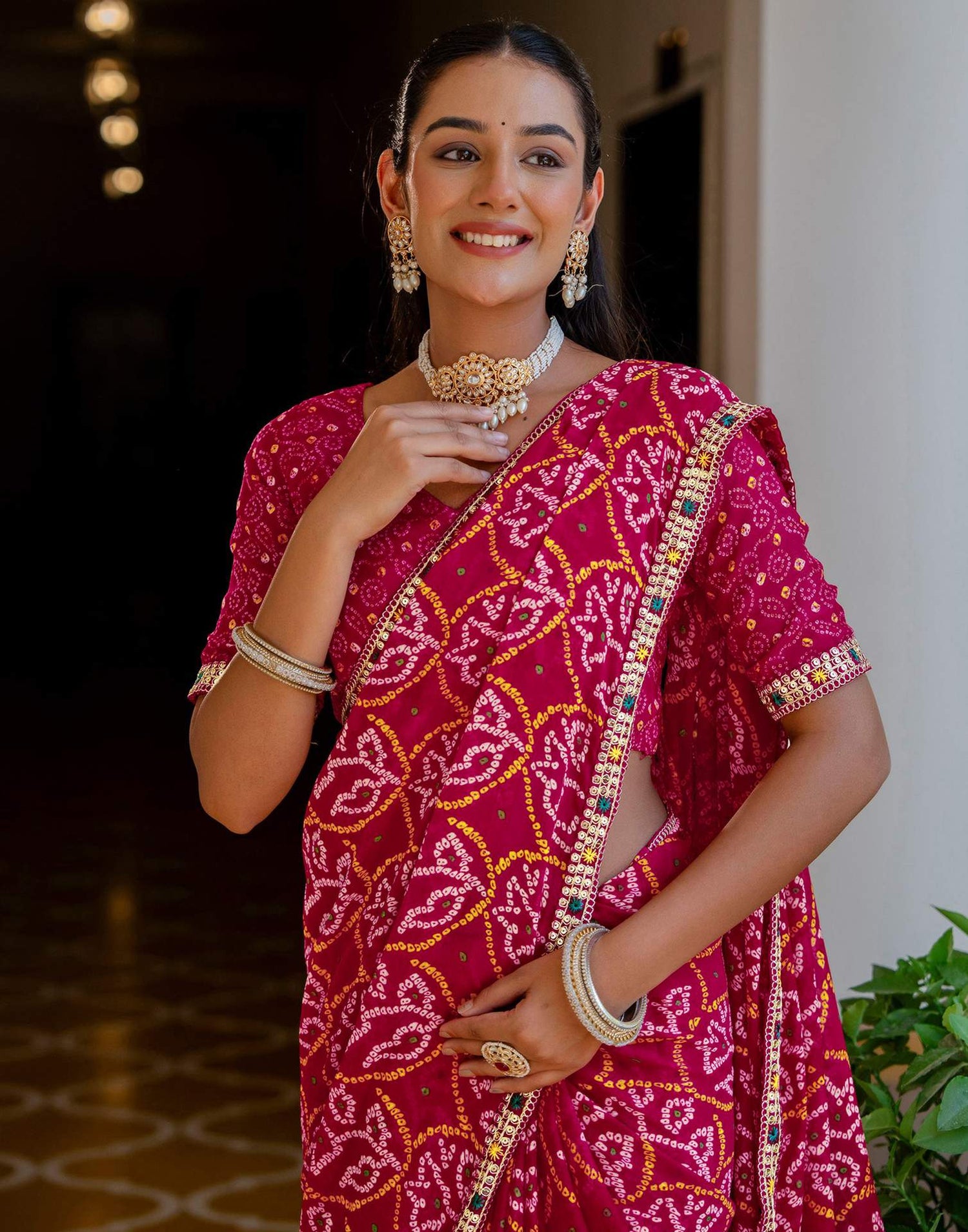 Pink Chiffon Bandhani Printed Lace Saree