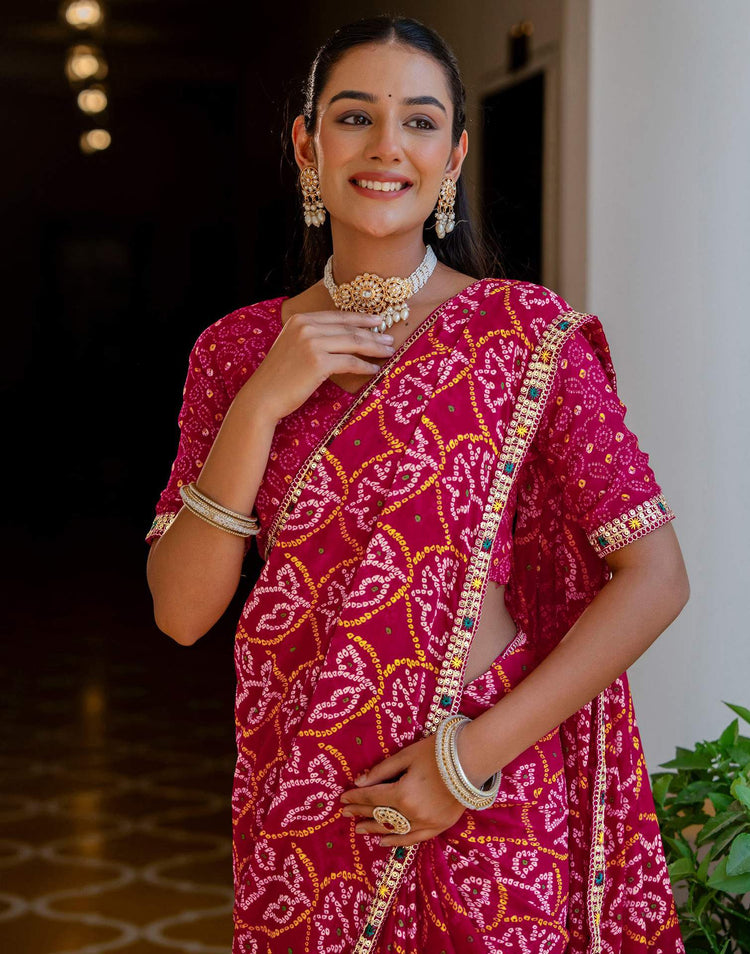 Pink Chiffon Bandhani Printed Lace Saree