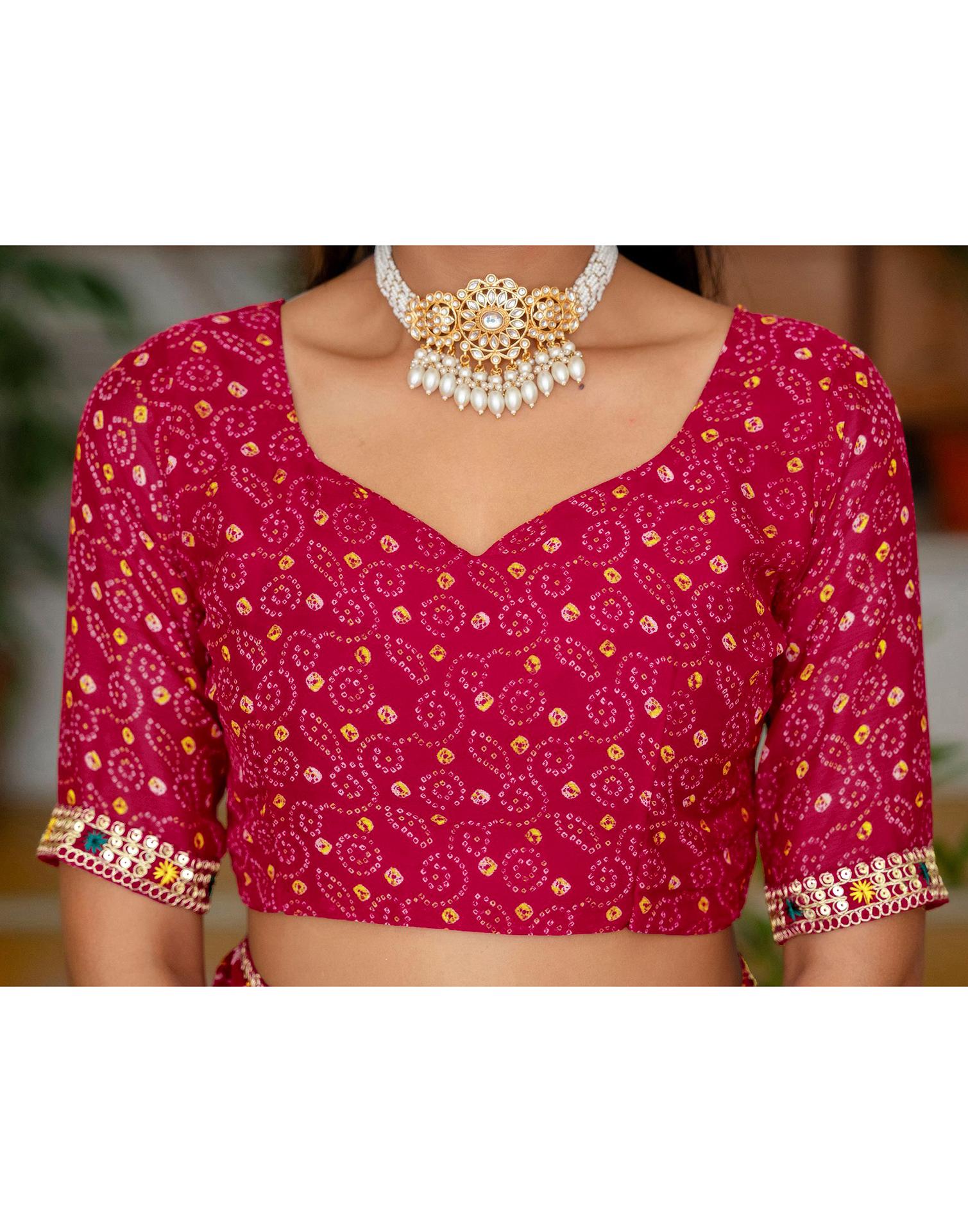 Pink Chiffon Bandhani Printed Lace Saree