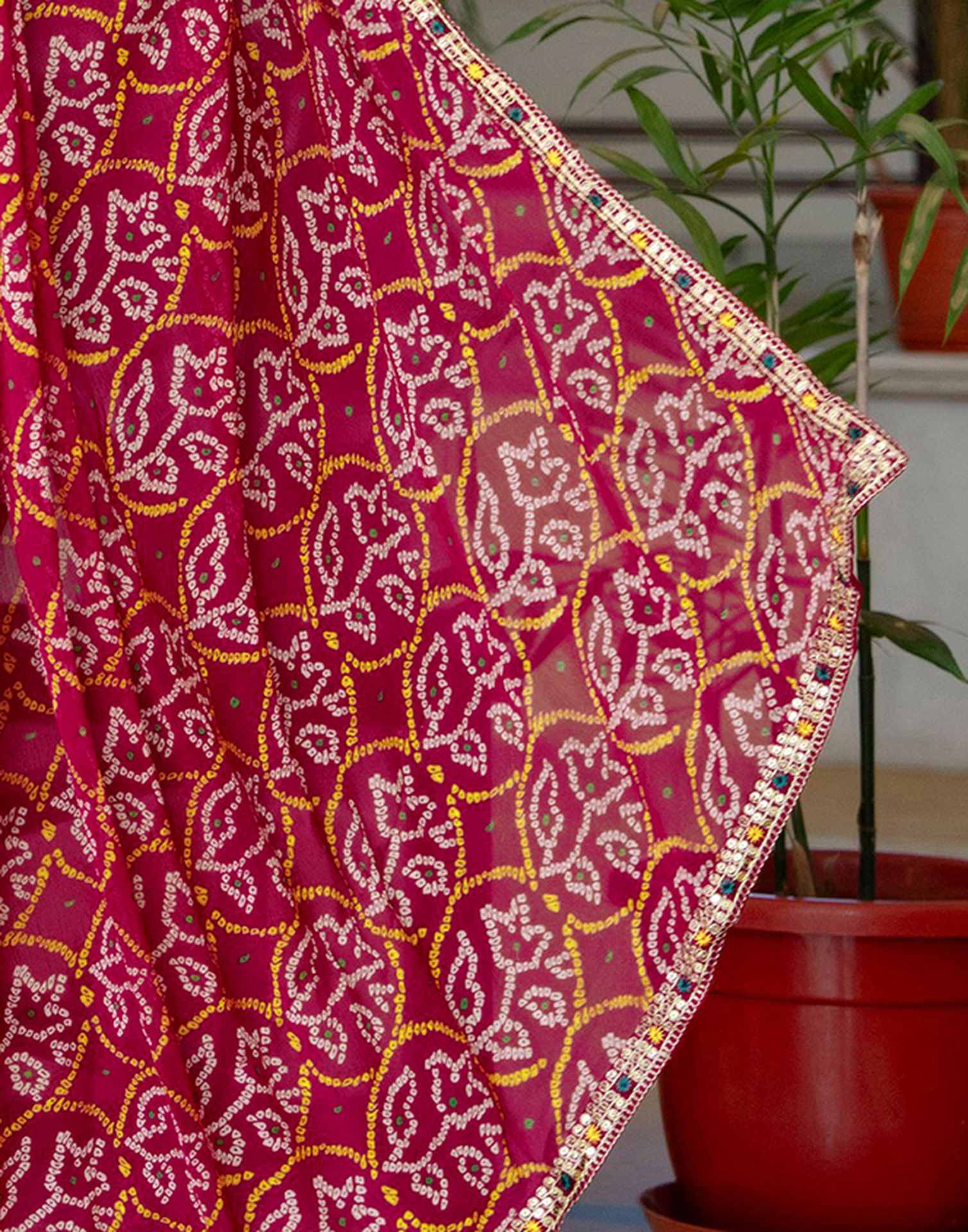 Pink Chiffon Bandhani Printed Lace Saree