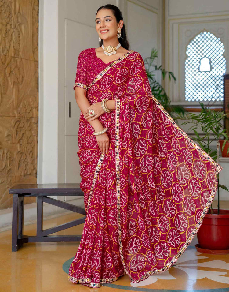Pink Chiffon Bandhani Printed Lace Saree