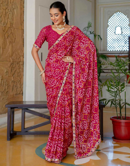 Pink Chiffon Bandhani Printed Lace Saree