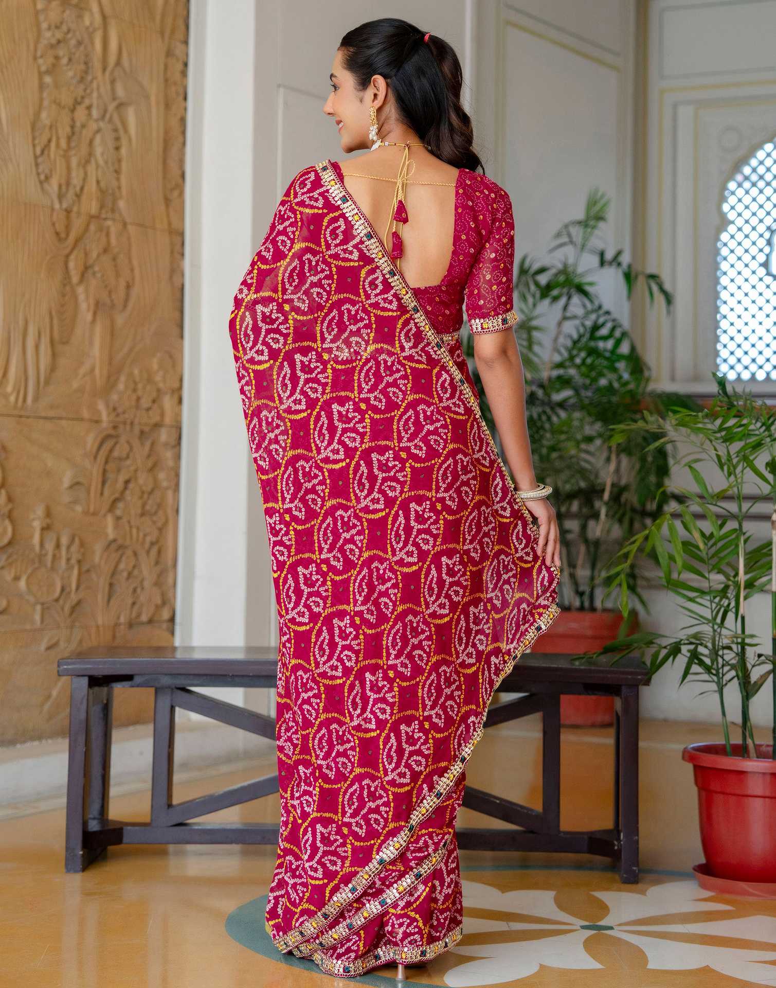 Pink Chiffon Bandhani Printed Lace Saree