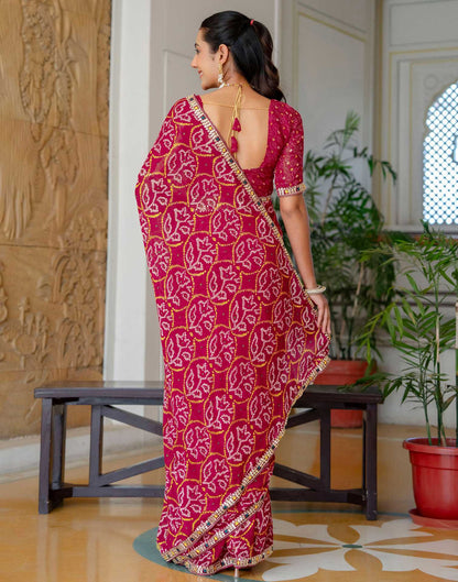 Pink Chiffon Bandhani Printed Lace Saree